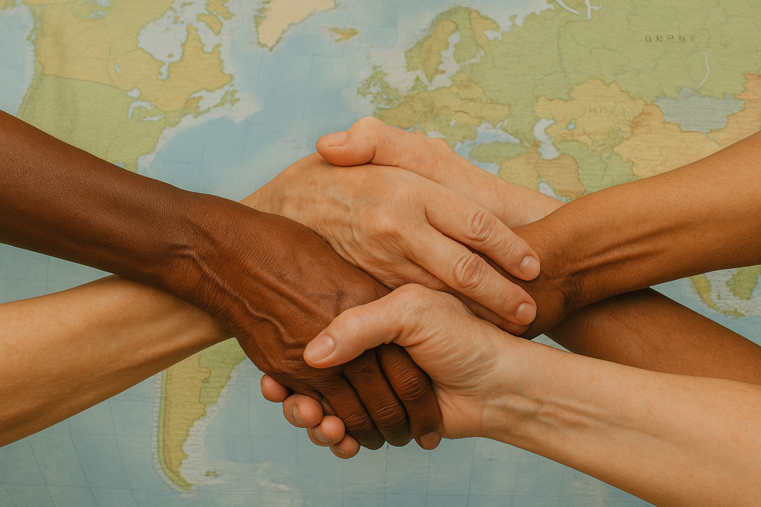 Hands of diverse skin tones joined together in unity over a world map background.