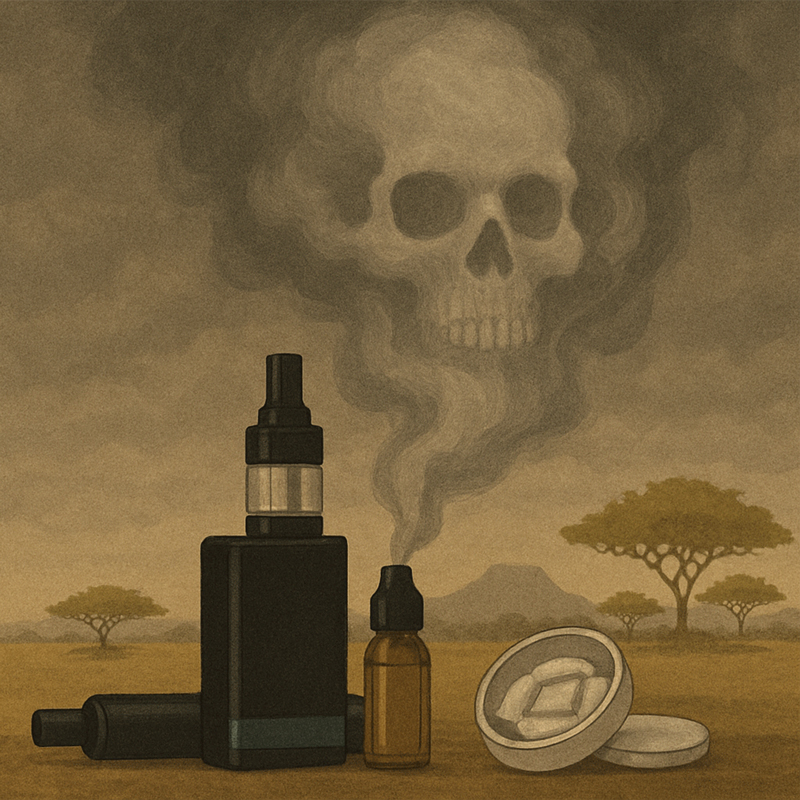 Illustration of vaping and nicotine products releasing smoke that forms a skull in the sky.