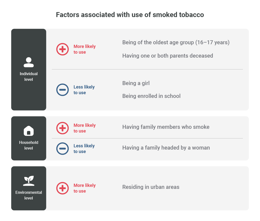 Factors associated with smoking tobacco at individual, household, and environmental levels