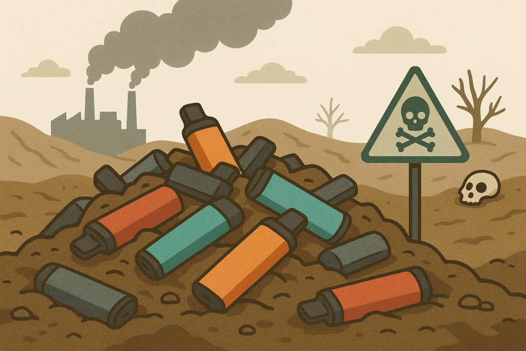 Illustration of disposable vapes littering a toxic landfill with factory pollution and warning signs in the background
